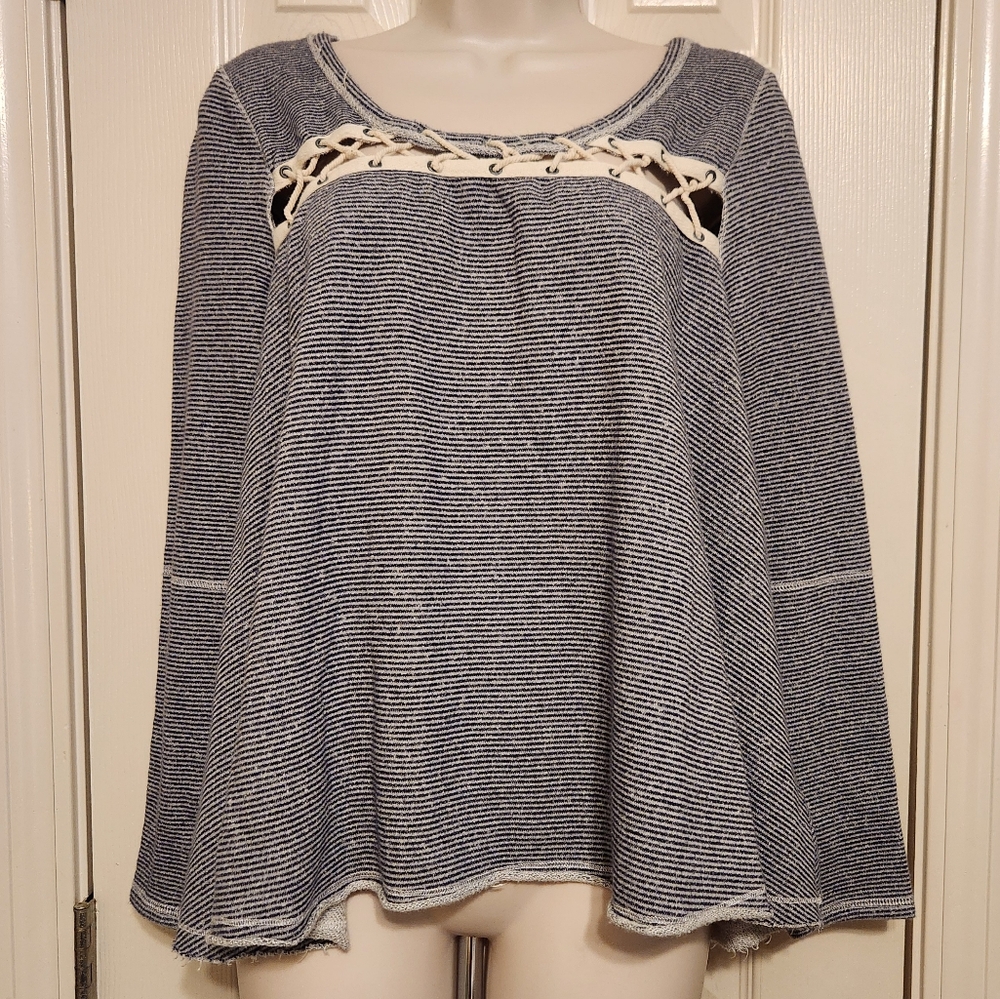 💕Free People Lacey Love Blue Striped Swingy Long-Sleeved Oversized Top Medium
